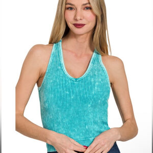 Zenana Washed Ribbed Seamless Padded V-Neck Tank Teal L/XL NWOT